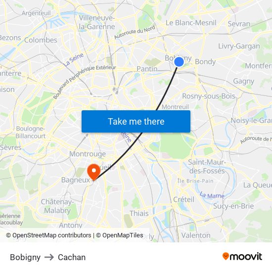 Bobigny to Cachan map