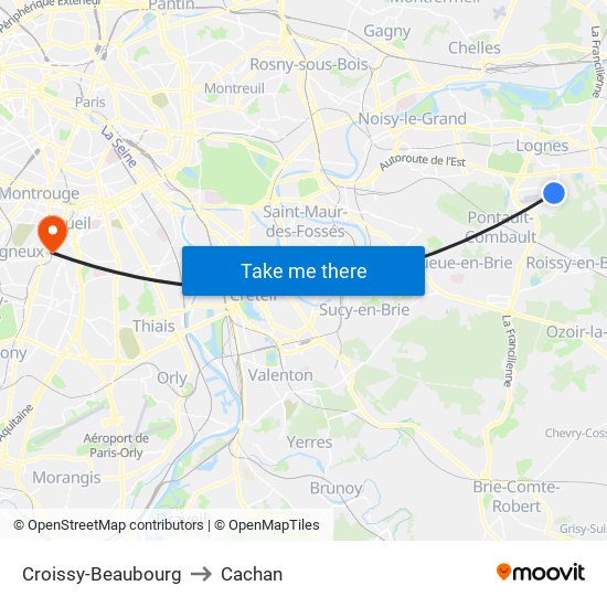 Croissy-Beaubourg to Cachan map