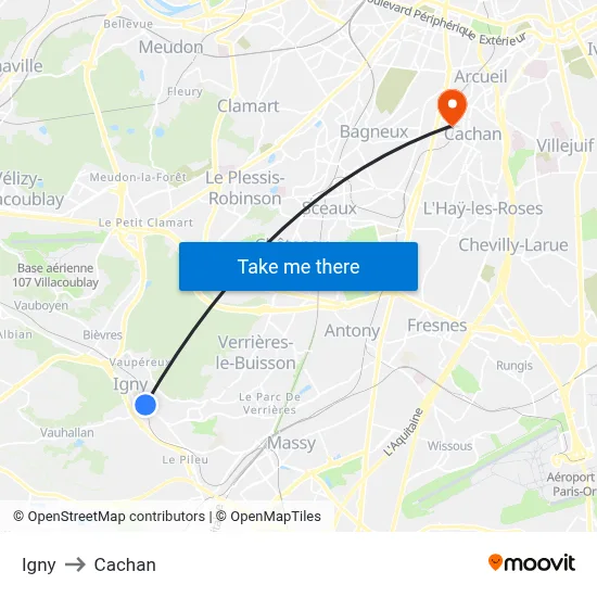 Igny to Cachan map