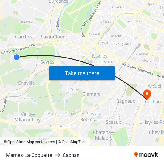 Marnes-La-Coquette to Cachan map