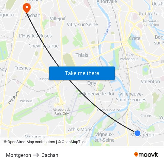 Montgeron to Cachan map