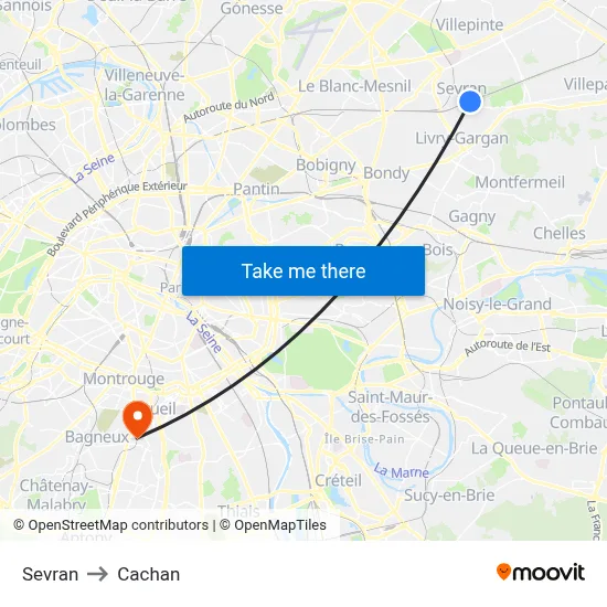Sevran to Cachan map
