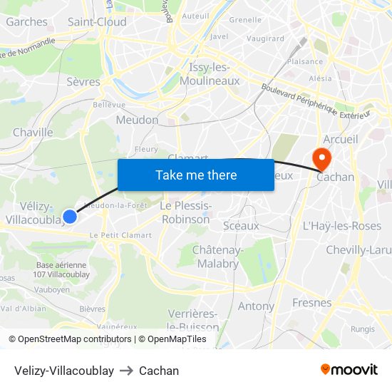 Velizy-Villacoublay to Cachan map