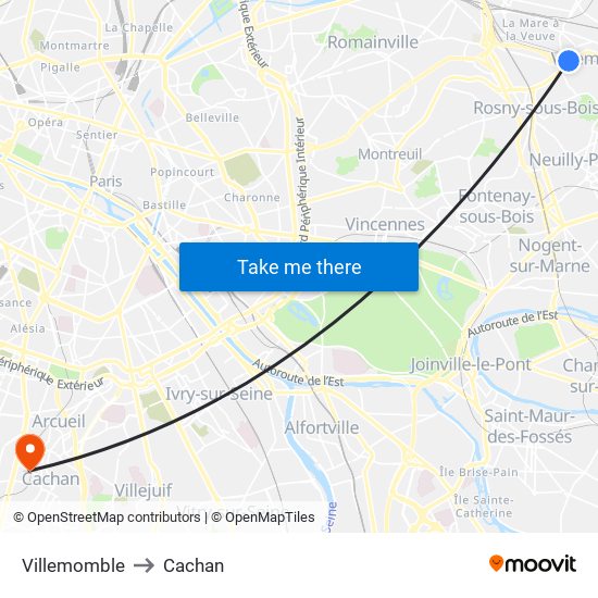 Villemomble to Cachan map