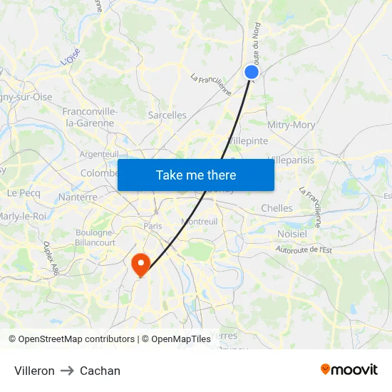 Villeron to Cachan map