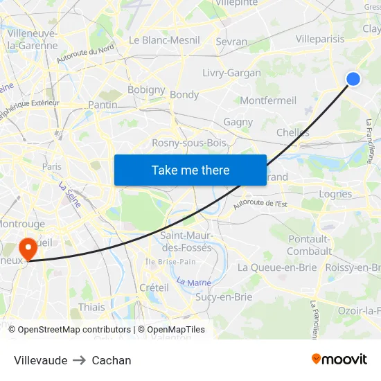 Villevaude to Cachan map