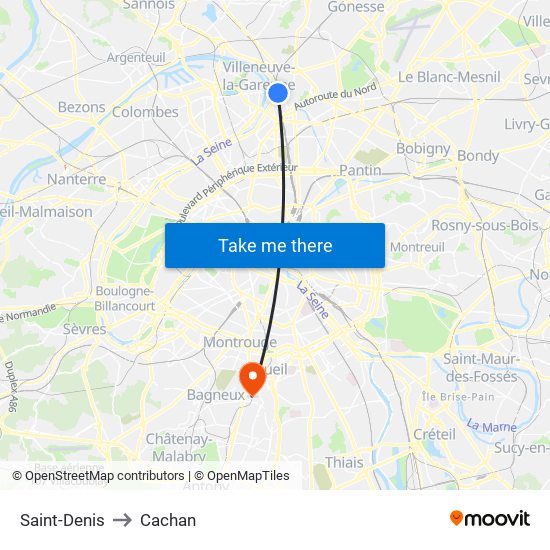 Saint-Denis to Cachan map