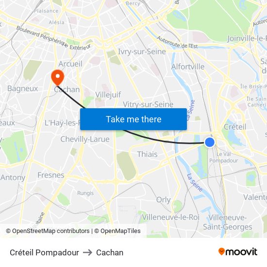 Créteil Pompadour to Cachan map