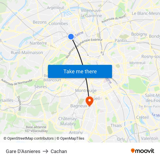 Gare D'Asnieres to Cachan map