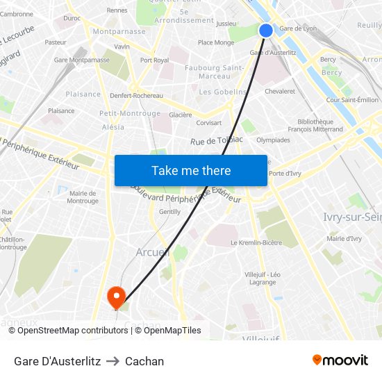 Gare D'Austerlitz to Cachan map