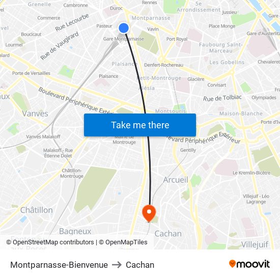 Montparnasse-Bienvenue to Cachan map