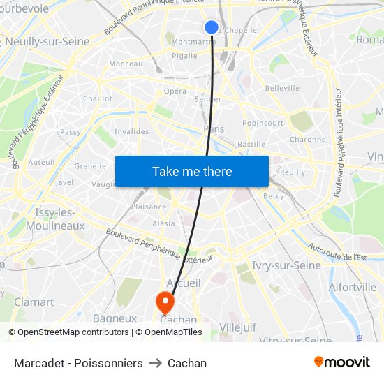 Marcadet - Poissonniers to Cachan map