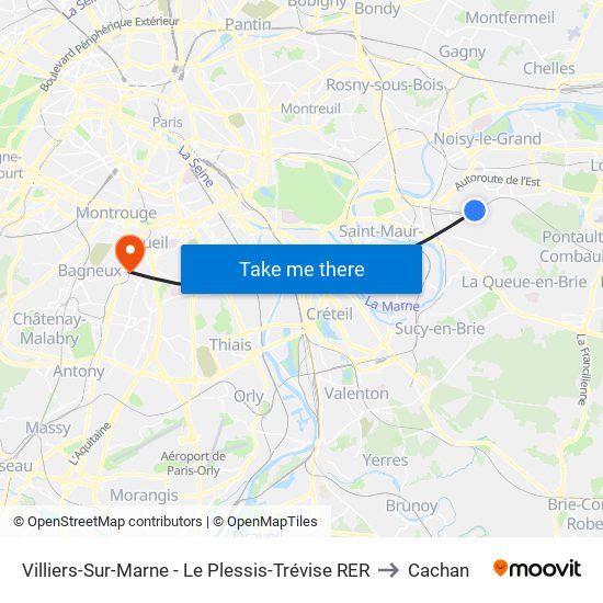 Villiers-Sur-Marne - Le Plessis-Trévise RER to Cachan map