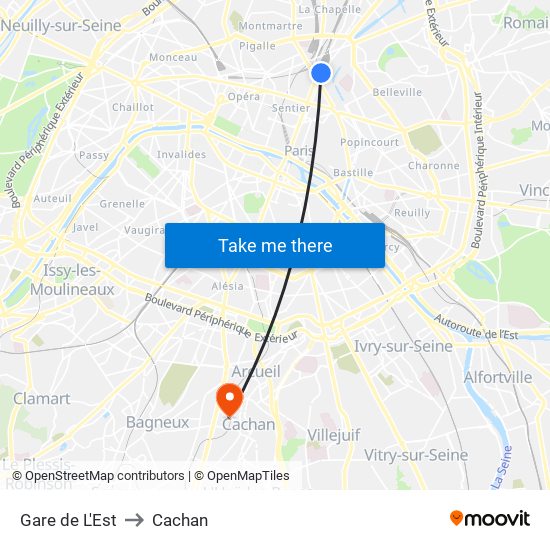 Gare de L'Est to Cachan map