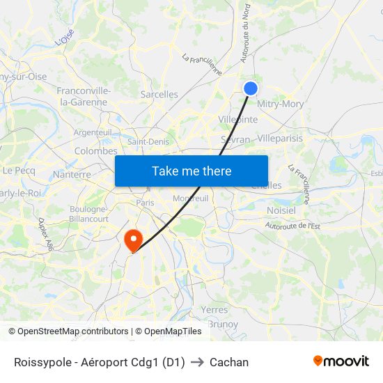 Roissypole - Aéroport Cdg1 (D1) to Cachan map