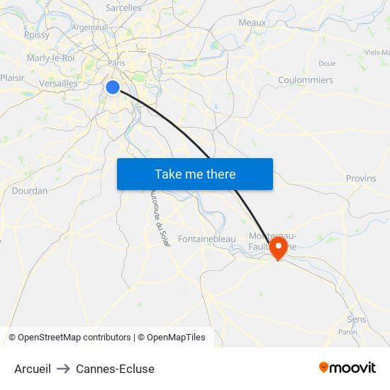 Arcueil to Cannes-Ecluse map