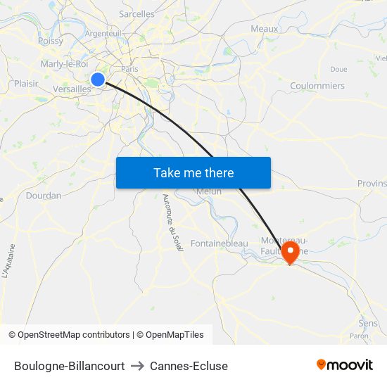 Boulogne-Billancourt to Cannes-Ecluse map