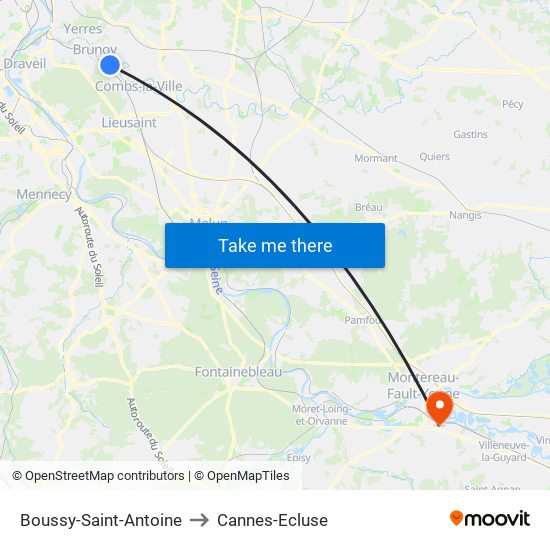 Boussy-Saint-Antoine to Cannes-Ecluse map