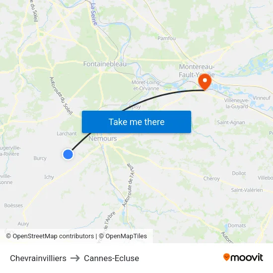 Chevrainvilliers to Cannes-Ecluse map