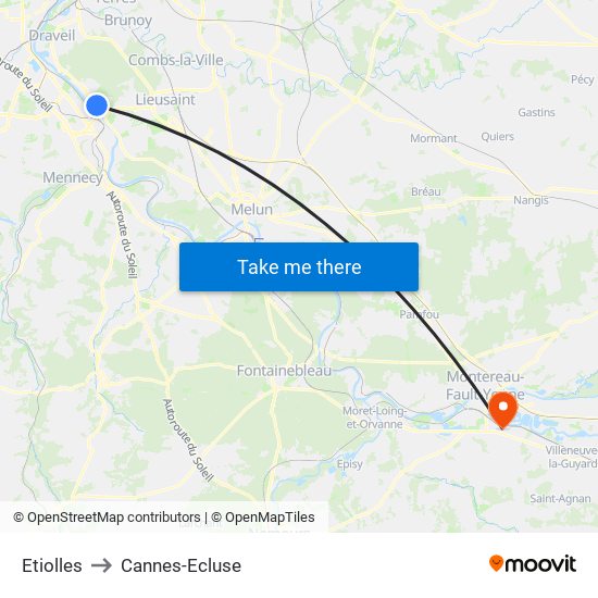 Etiolles to Cannes-Ecluse map