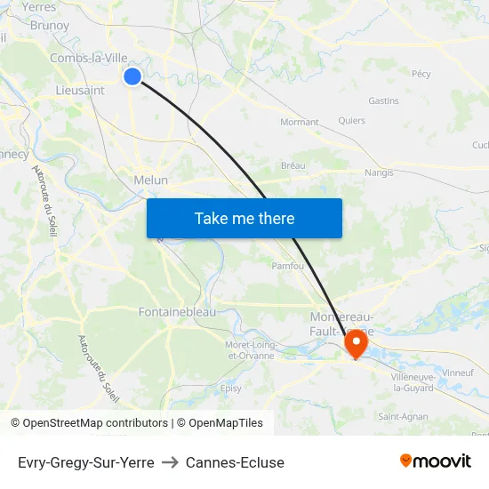 Evry-Gregy-Sur-Yerre to Cannes-Ecluse map