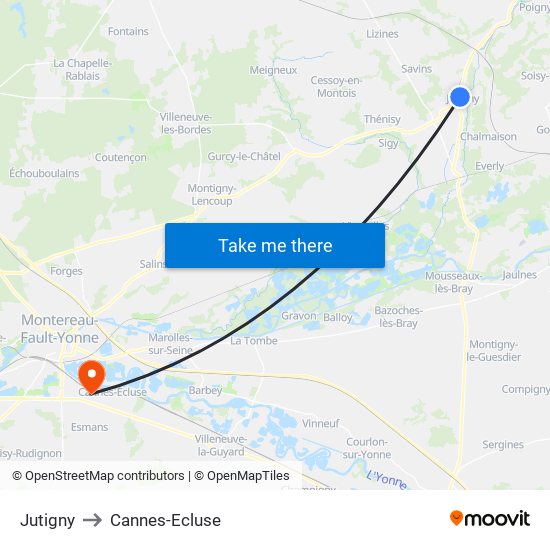 Jutigny to Cannes-Ecluse map