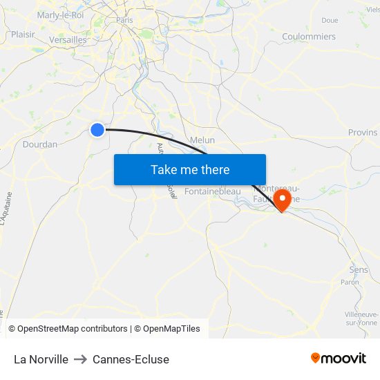 La Norville to Cannes-Ecluse map