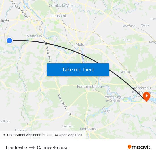 Leudeville to Cannes-Ecluse map