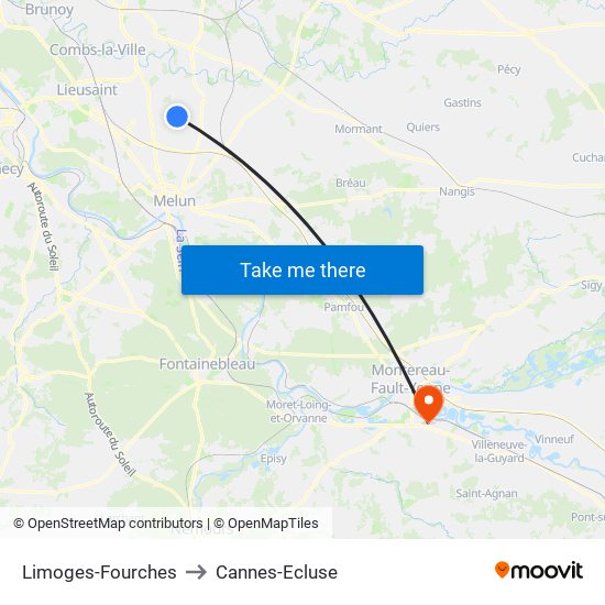 Limoges-Fourches to Cannes-Ecluse map