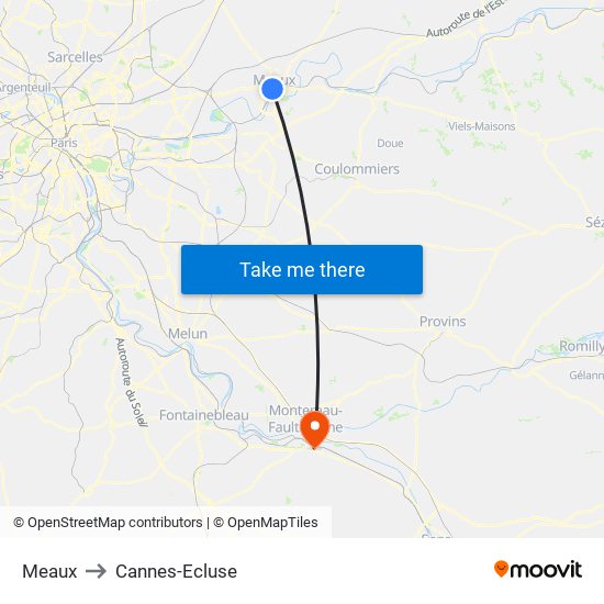 Meaux to Cannes-Ecluse map