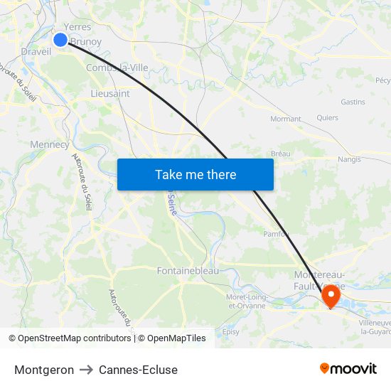 Montgeron to Cannes-Ecluse map