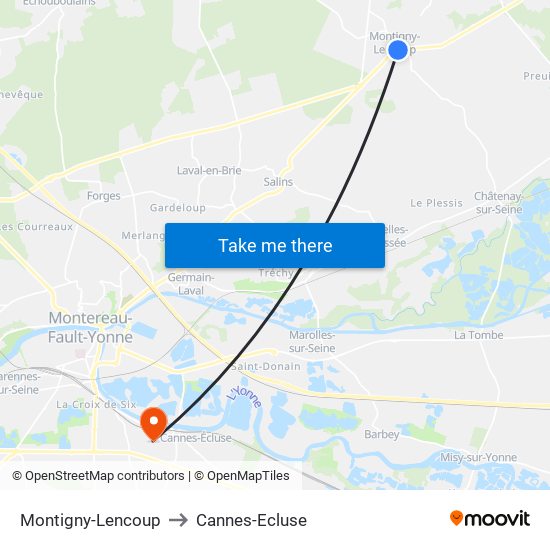 Montigny-Lencoup to Cannes-Ecluse map