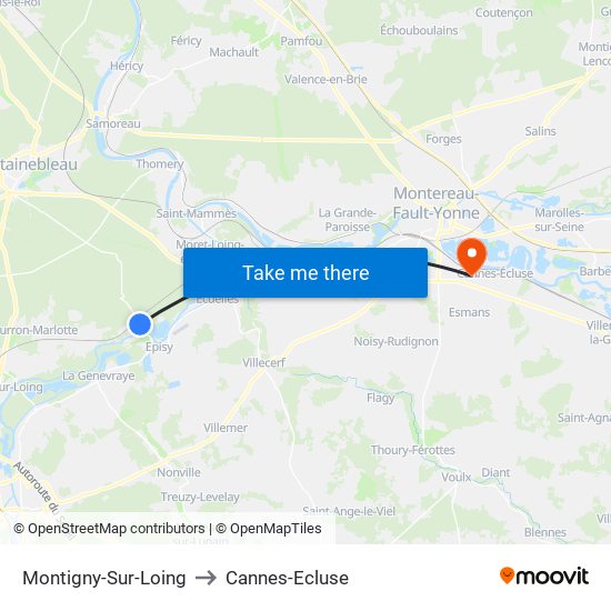 Montigny-Sur-Loing to Cannes-Ecluse map