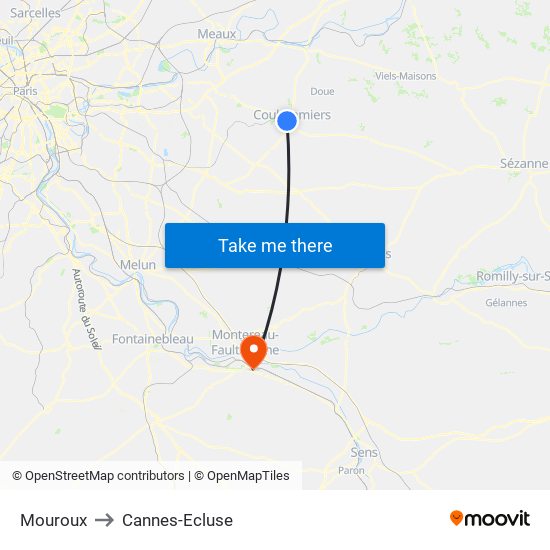 Mouroux to Cannes-Ecluse map
