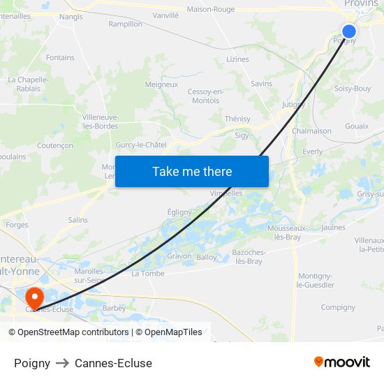 Poigny to Cannes-Ecluse map