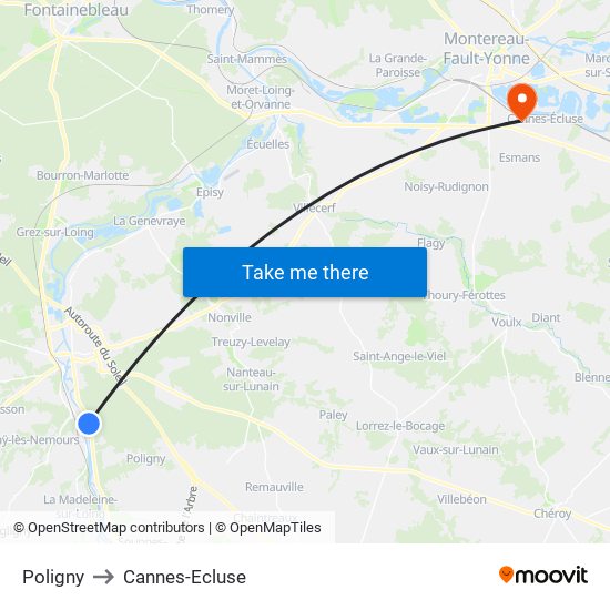 Poligny to Cannes-Ecluse map