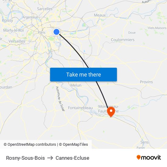 Rosny-Sous-Bois to Cannes-Ecluse map