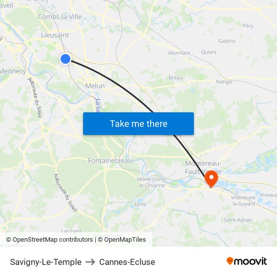 Savigny-Le-Temple to Cannes-Ecluse map