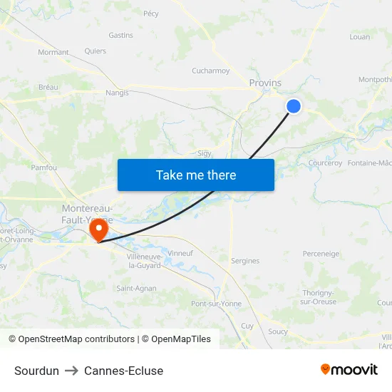 Sourdun to Cannes-Ecluse map