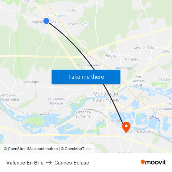 Valence-En-Brie to Cannes-Ecluse map