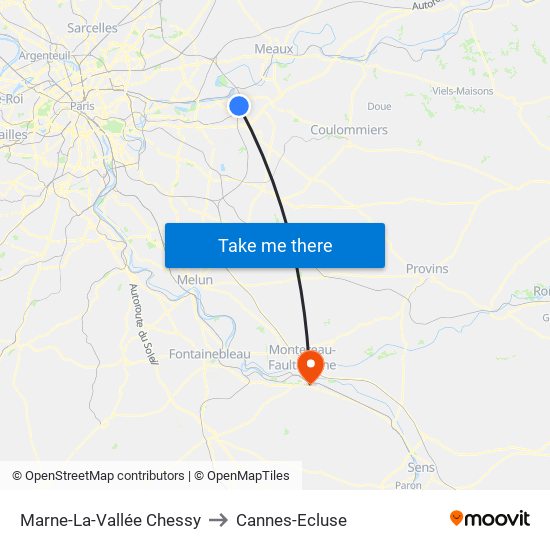 Marne-La-Vallée Chessy to Cannes-Ecluse map