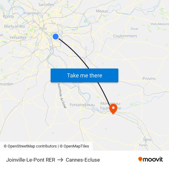 Joinville-Le-Pont RER to Cannes-Ecluse map