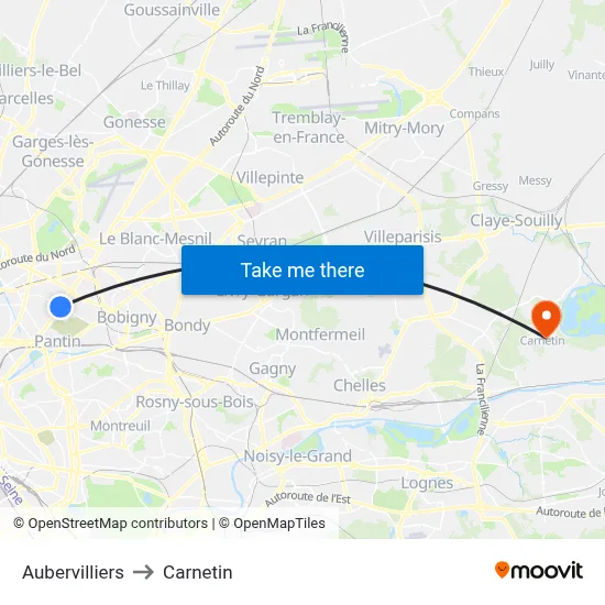 Aubervilliers to Carnetin map