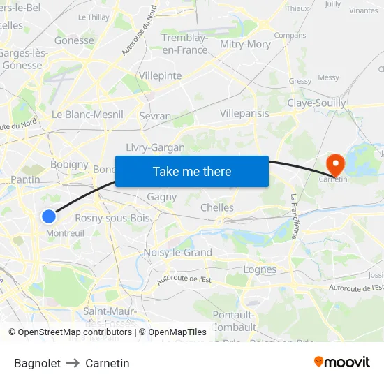 Bagnolet to Carnetin map