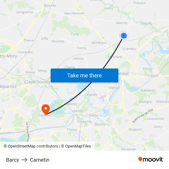 Barcy to Carnetin map