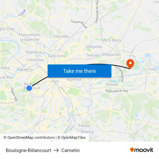 Boulogne-Billancourt to Carnetin map