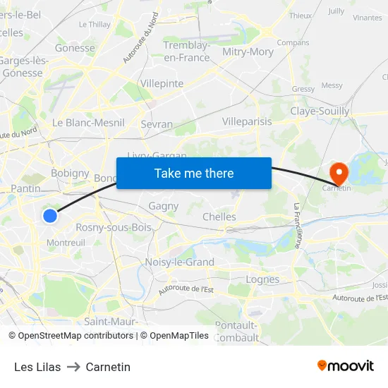 Les Lilas to Carnetin map