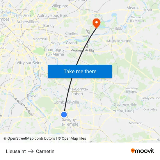 Lieusaint to Carnetin map