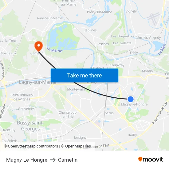 Magny-Le-Hongre to Carnetin map