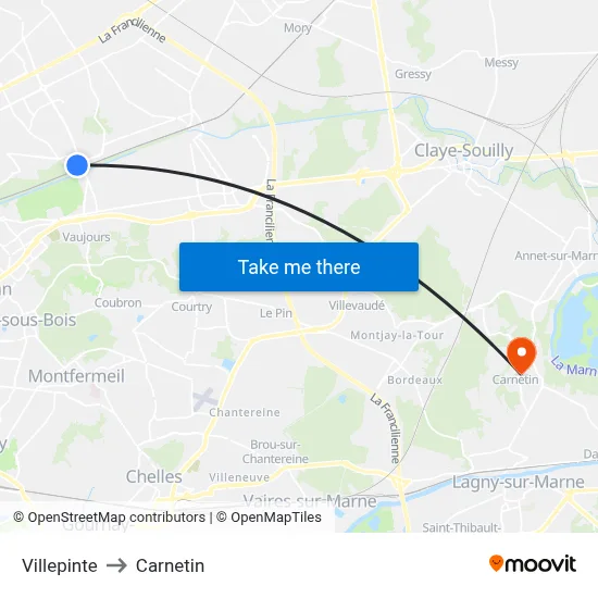 Villepinte to Carnetin map